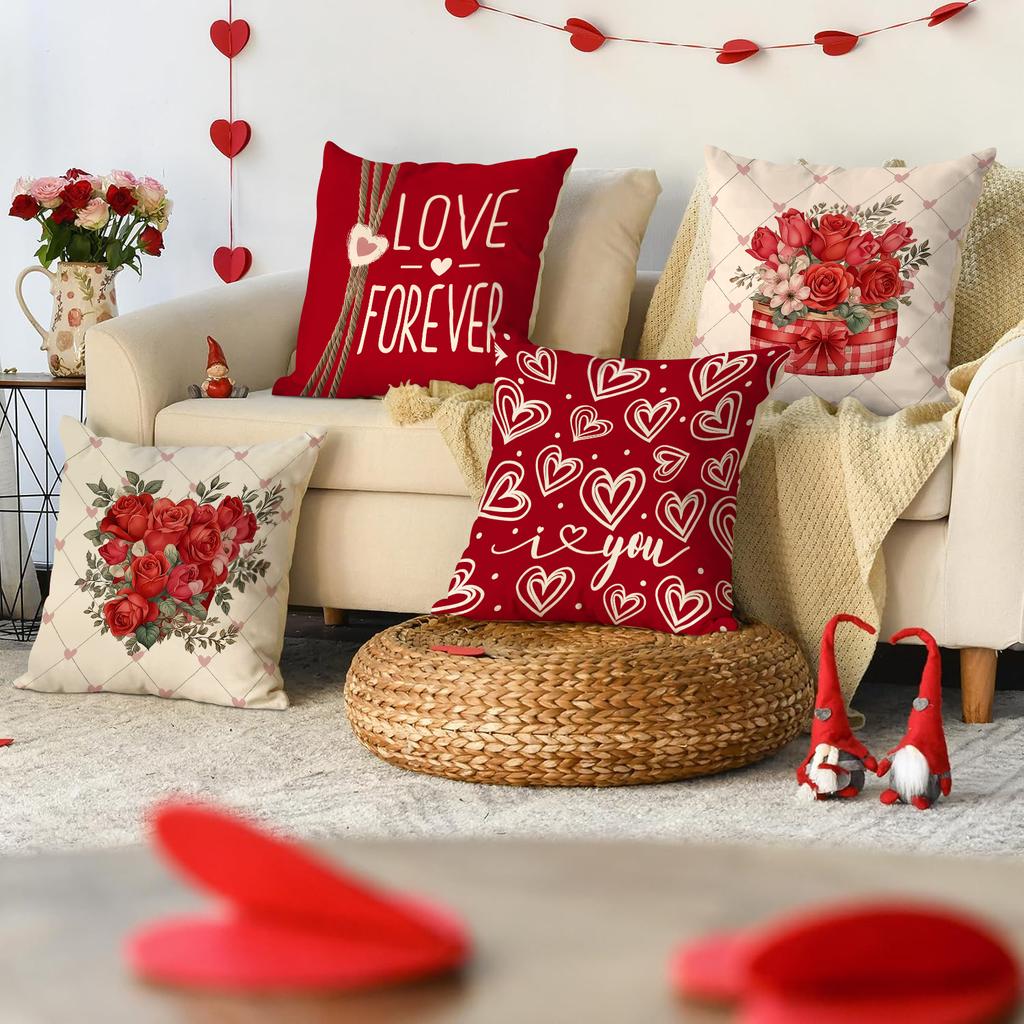 4Pcs Valentine'S Day Pillow Cover, Romantic And Sweet Valentine'S Day Love Flower Printed Sofa Decorative Cushion Cover