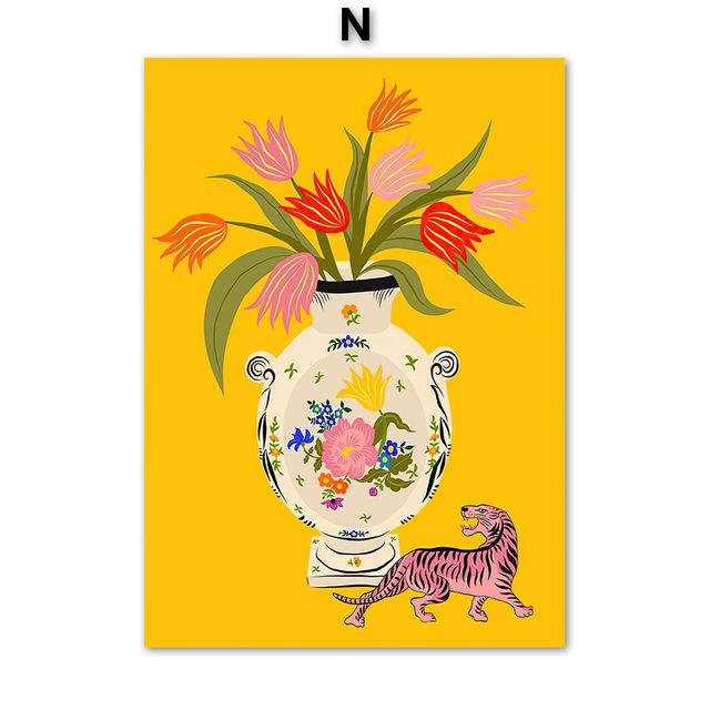 Tiger Mother Cartoon Animal Pink Wild Tiger Snake Wall Art Canvas Painting Nordic Posters Prints Pictures Kids Living Room Decor No Frame