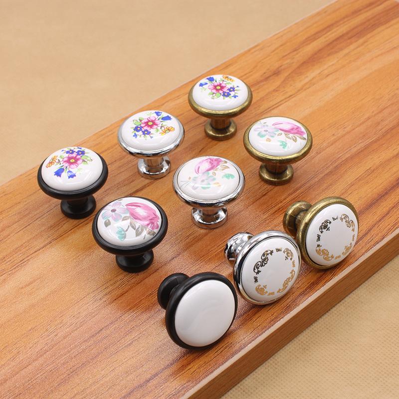 Single Hole Zinc Alloy + Ceramic Handle Painted Kitchen Vintage Door Drawer Handle Cabinet Pulls Knob with 25mm Screw
