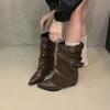New American Spice Girl Rivet Pant Leg Height Increase Pointed Short Boots Autumn and Winter New Western Cowboy Boots Black