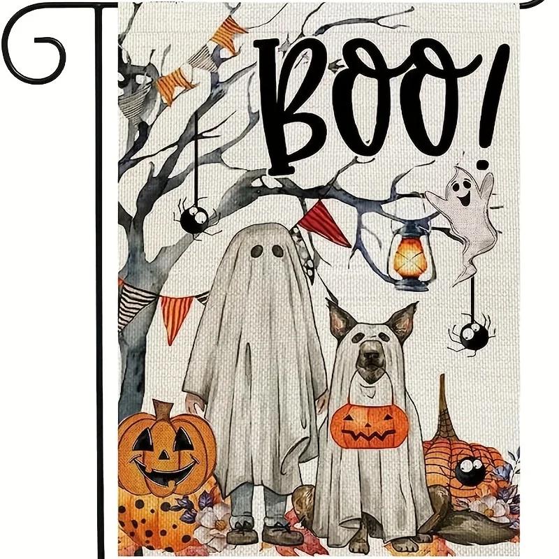 1pc Halloween Ghost Boo Garden Flag Burlap Welcome Seasonal Holiday Yard Outside No Flag Pole 12X18 Inch