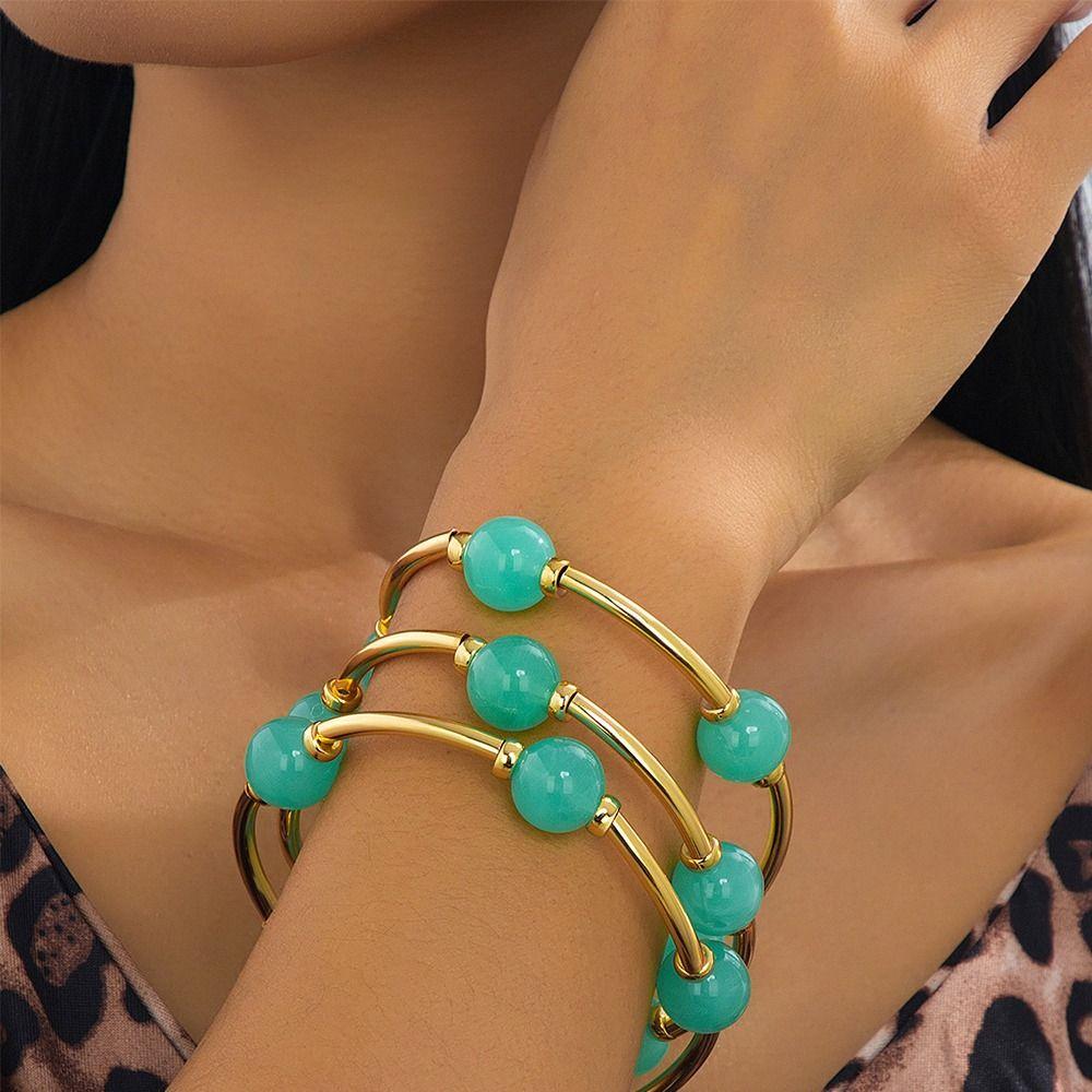 Stacked Ball Thick Gold Bracelet Elastic Jewelry Accessories New Beaded Bracelet  for Women Girls