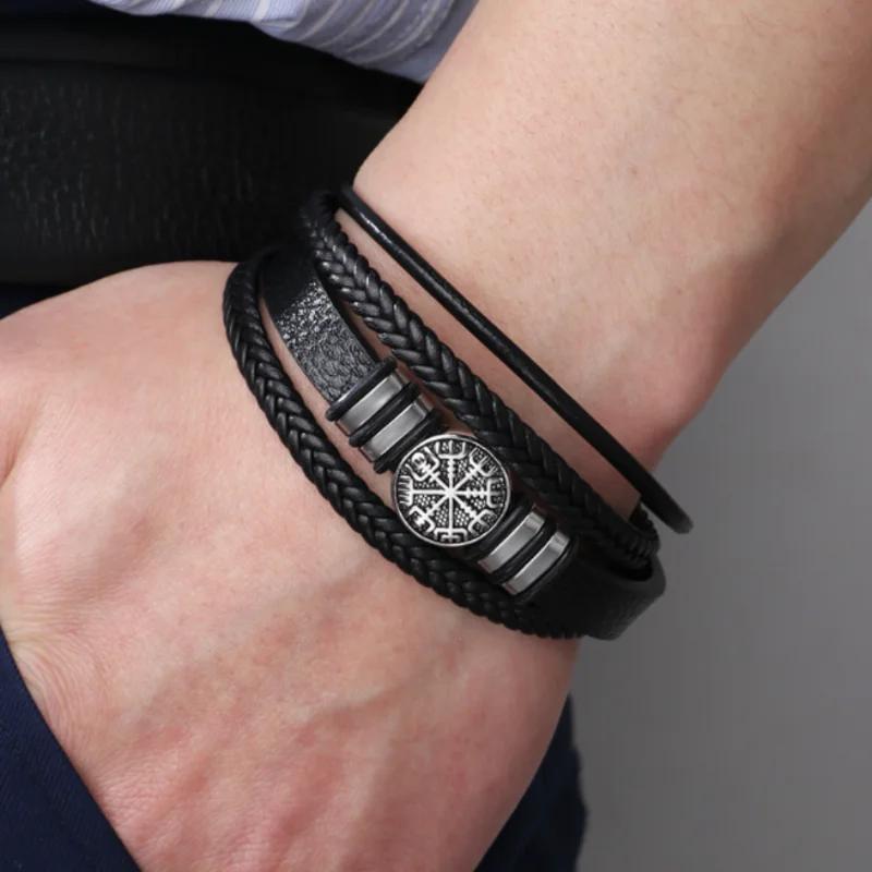 Trendy Norse Viking Men Bracelet Fashion All-match Multi-layer Braided Leather Bracelets Scripture Compass Birthday Party Gifts