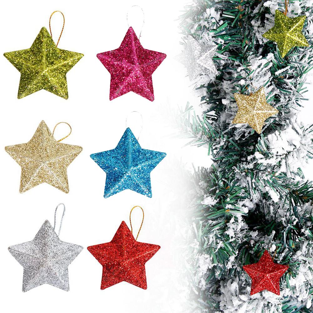 Sparkling Golden Star Xmas Tree Ornaments Set of 6 Hanging Decorations