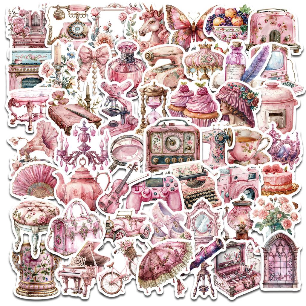 50 Pink Objects Retro Girl Heart Stickers Diy Handbook Luggage Notebook Helmet Stickers Waterproof Stickers