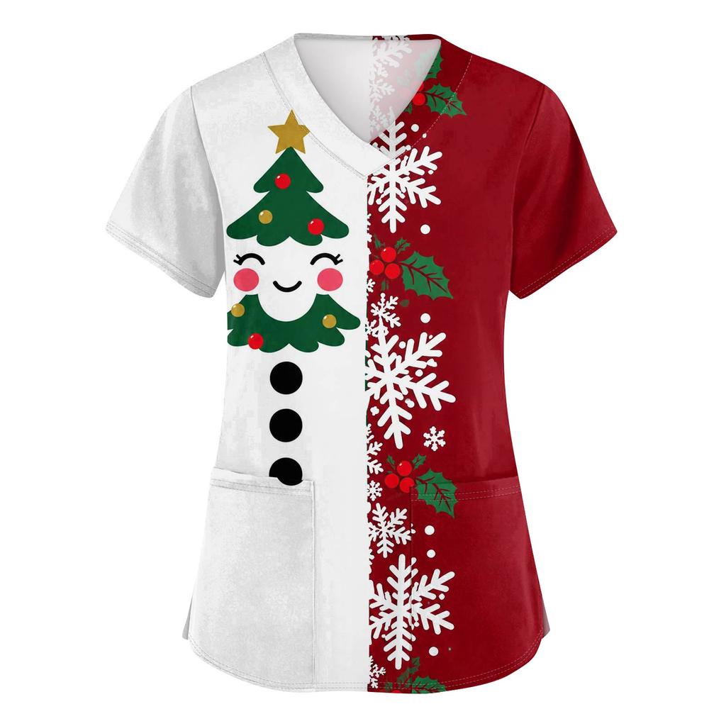 Women's V-Neck Short Sleeve Scrub Top with Christmas Print, Casual Caregiver Uniform
