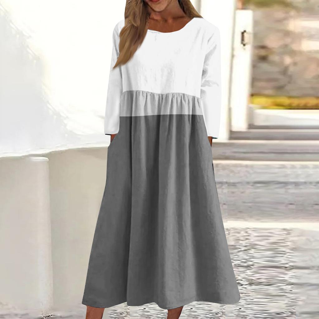 Dámské ležérní midi šaty s kulatým výstřihem a pruhovaným potiskem, s dlouhým rukávem a kapsou