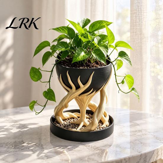 Desk Ornament for Plants 3D Printed Flower Pot with Tray, Modern Succulent Planter, Decorative Tree Bottom Sculpture Geometric Plant Vase Indoor