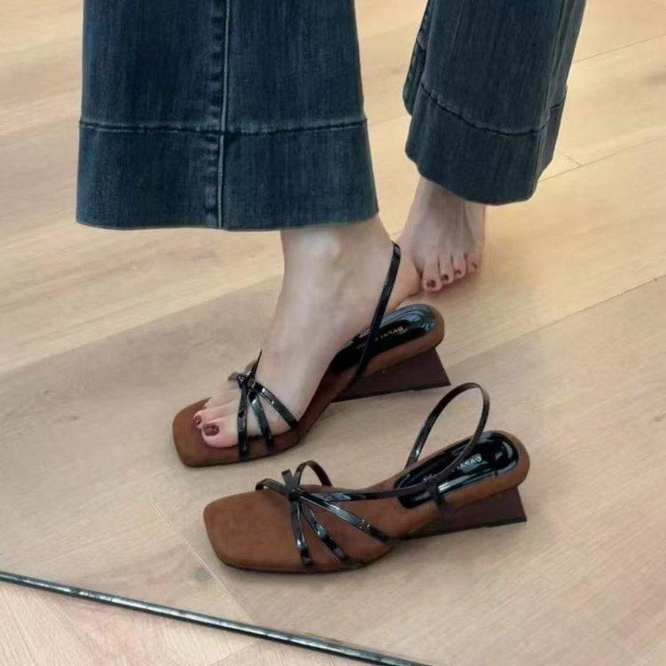 Sheepskin Version~ French Temperament One-word Thin Strap Wedge Sandals Women's Head with Skirt Open-toed High-heeled Roman Sandals