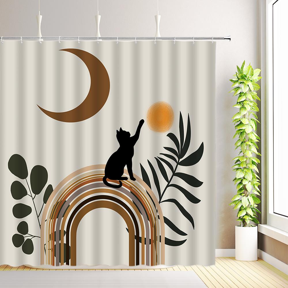 Mid Century Abstract Shower Curtain Boho Arch Sun Modern Minimalistic Plant Leaves Bathroom Decor Fabric Curtains with Hooks