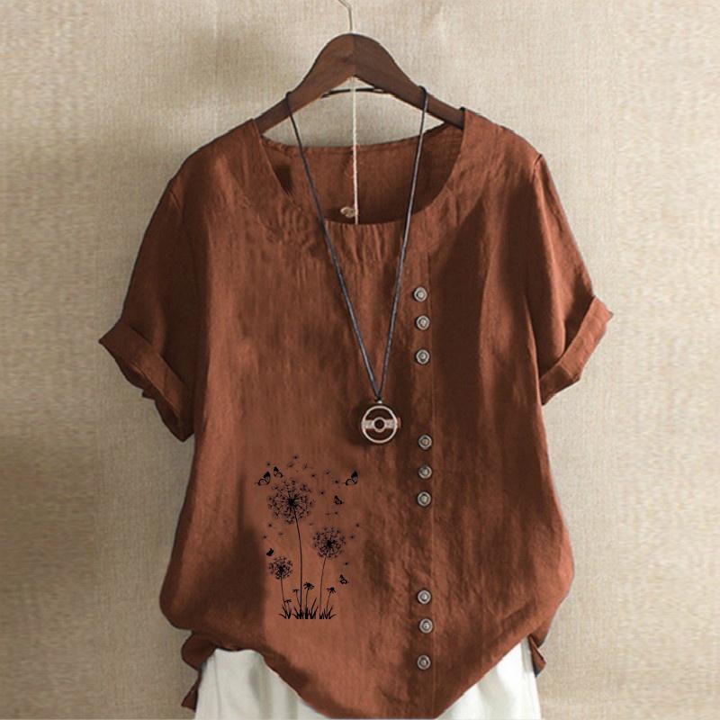 Women's Fashion Loose Cotton Shirt Black Dandelion Prined Short Sleeve T-shirt Casual Loose Summer Plus Size Blouse Tops