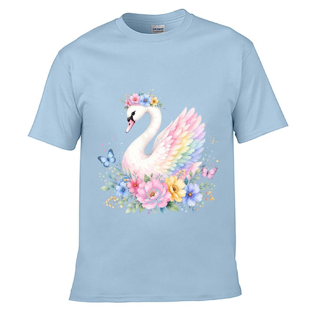 Pastel Swan Floral Butterfly Waterco Unisex Summer Washed Tee Loose Distressed Top