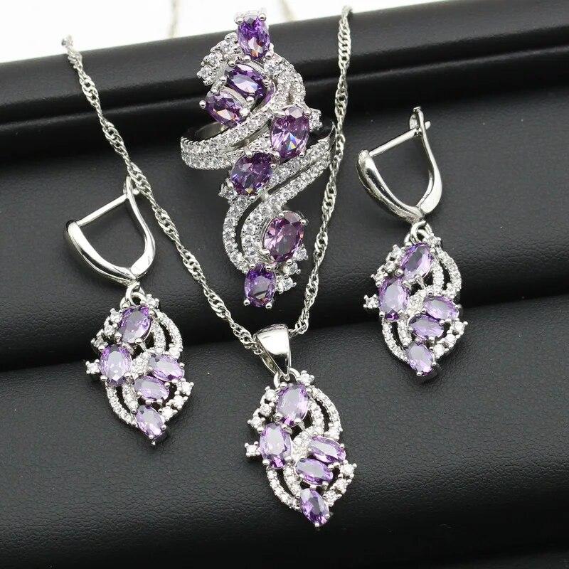 

Серебряные комплекты ювелирных изделий для женщин, новые поступления, фиолетовый браслет с кубическим цирконием, серьги, ожерелье, кольцо, свадебный, рождественский подарок 10