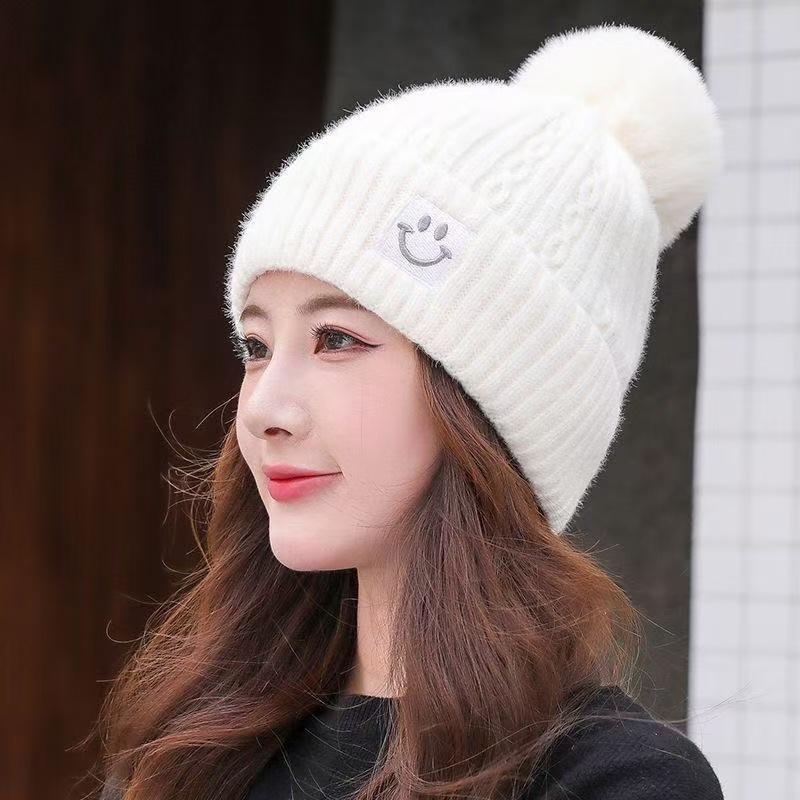 

Women s Winter Beanie Knitting Hat for Fur Pompom Thick Plush Cap Beanie Solid Color Ladies Warm Ski Cap білий