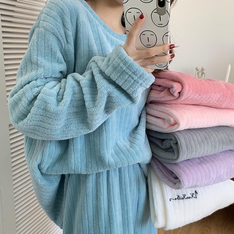 Solidna flanelowa piżama damska niebieska z okrągłym dekoltem koreańska słodka dziewczyna dorywczo luźna jesienno-zimowa ciepła bielizna nocna elegancki trend