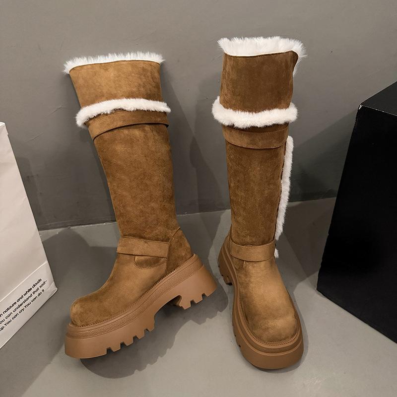Winter Warm Short Plush Women Knee-High Snow Boots Belt Buckle Fur Lined Chunky Platform Shoes for Women Comfortable Long Boots
