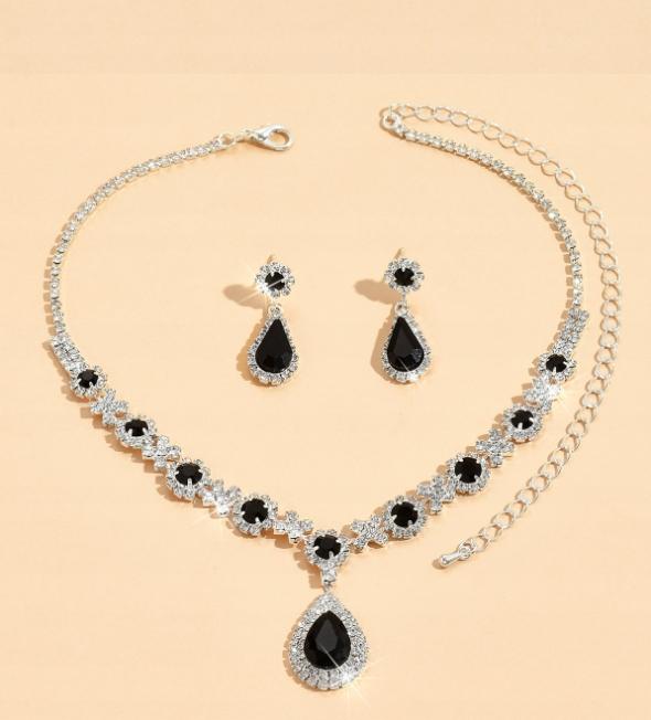 Set Earrings Necklace Wedding Silver Elegant Black Zircons B26