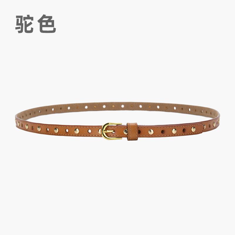 

Fashion No-punching Leather Thin Belt Decorative Dress Small Belt Cowhide Rivet Hollow Pin Buckle Waist Chain 105*1.5cm