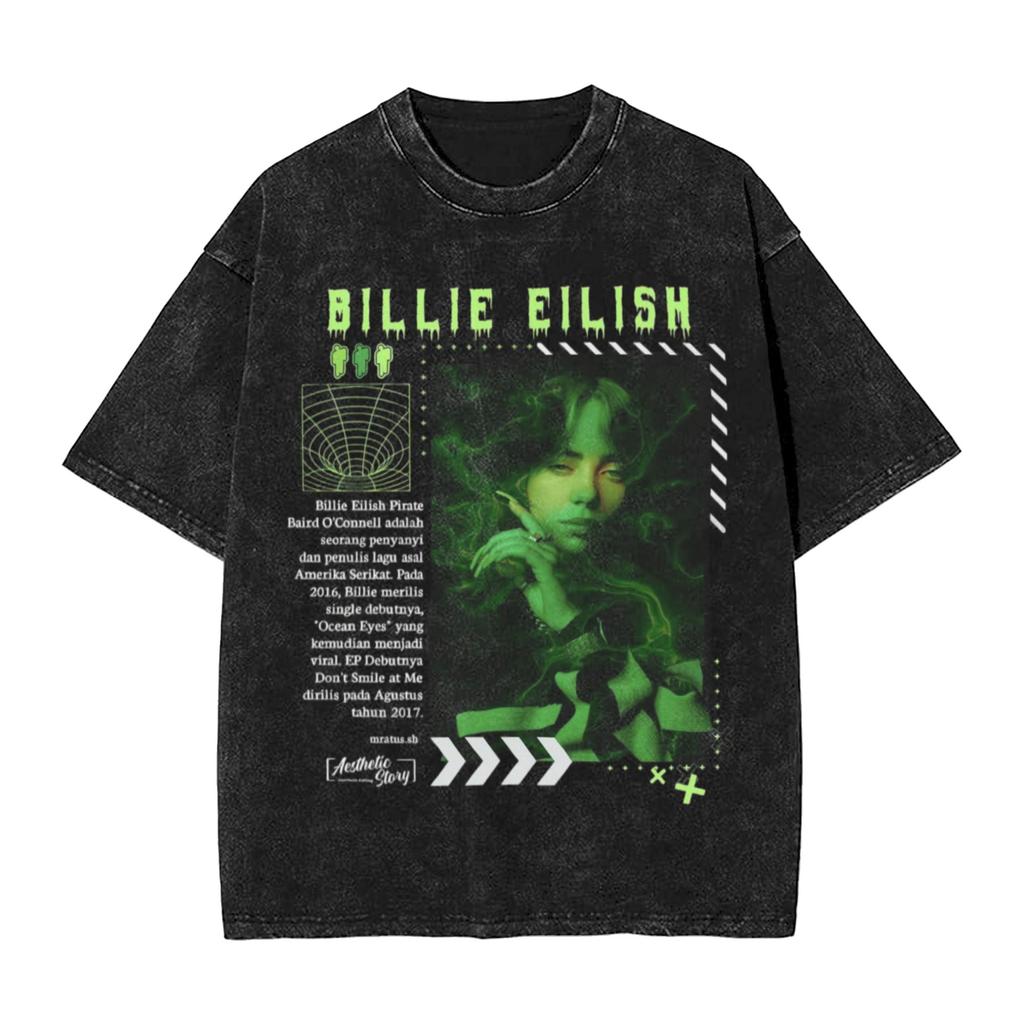 Singer BBillieGirl Eeilish Music Vintage Washed T Shirt Unisex Cotton Clothes Printed Round Neck Short Sleeve