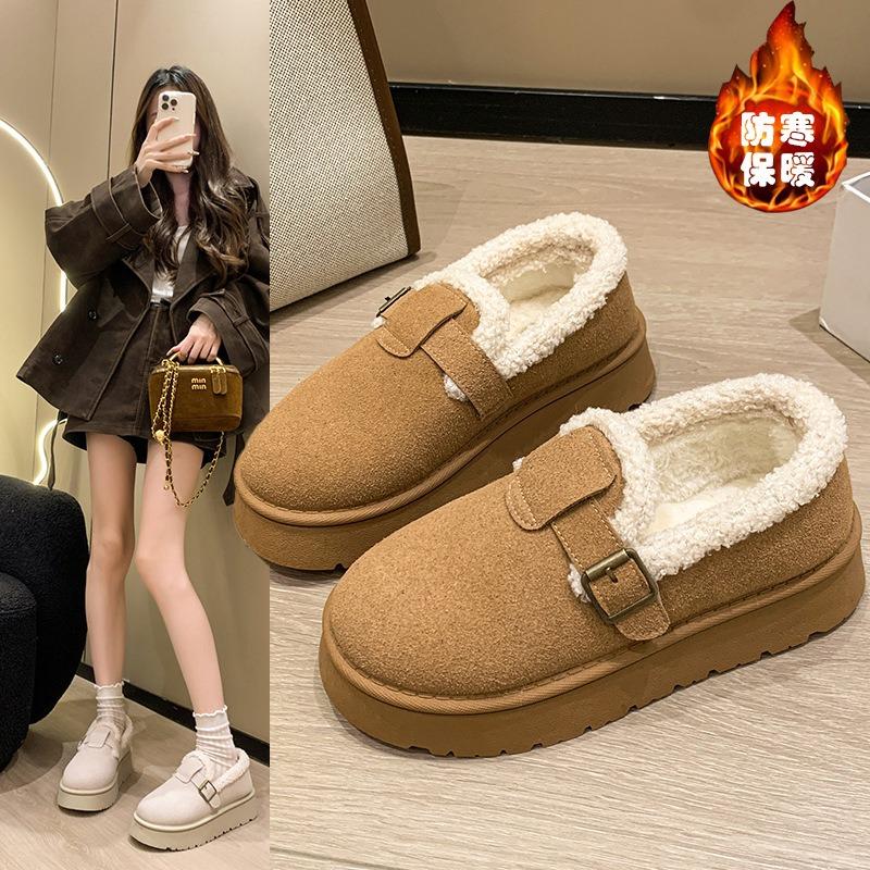 Women's fluffy snow boots, autumn and winter thick-soled one-pedal low-top bread women's shoes, velvet cotton shoes