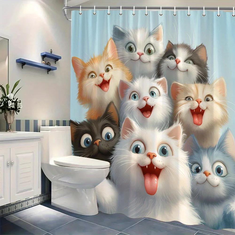 Adorable Cats Shower Curtain - 9 Playful Faces, 12 Hooks, Washable Polyester, Cat Lover Gift
