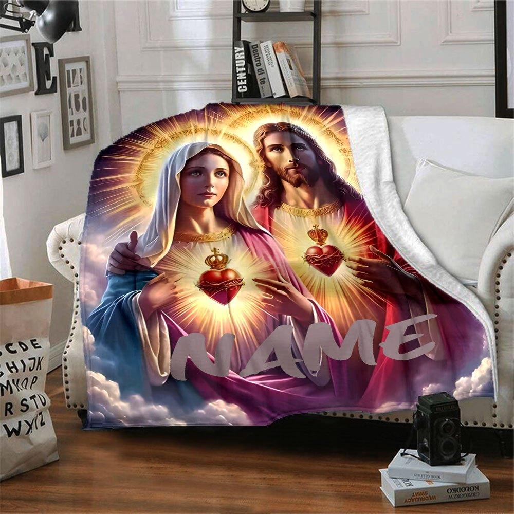 Sacred Heart Of Jesus And Mary Home Customize Your Name Blankets Soft And Cozy Lightweight For All Seasons Perfect For Picnics Sofa Office Bed Living