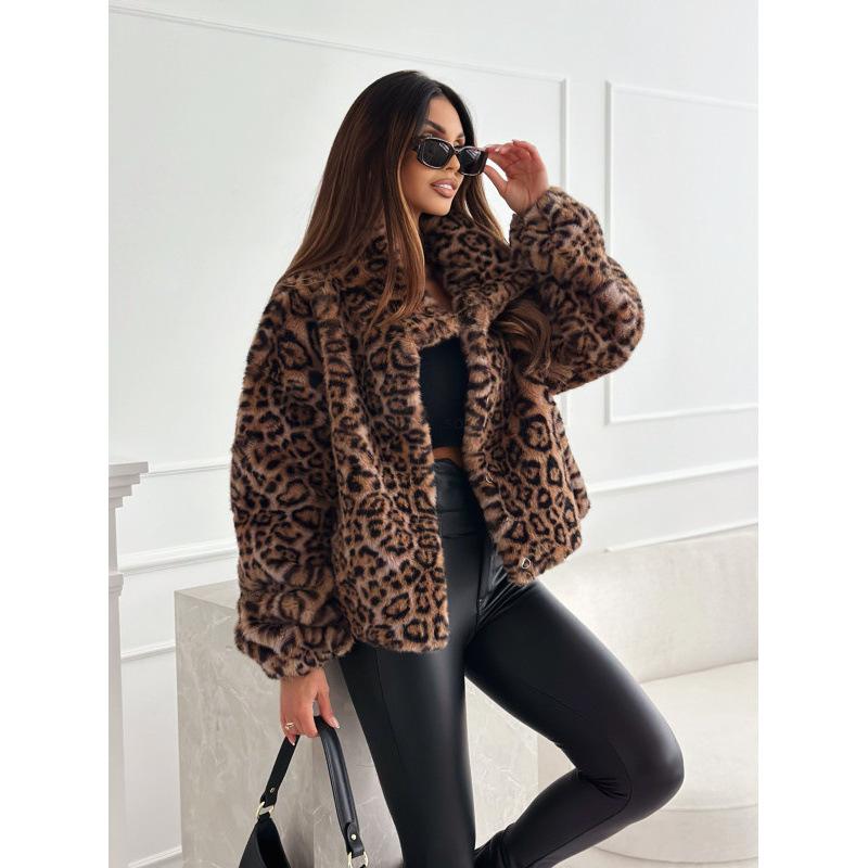 Autumn and winter new printed fluffy short coat cardigan
