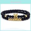 Fashion Copper Beaded Bracelet With Microset Zirconia Crown Design For Couples Gift