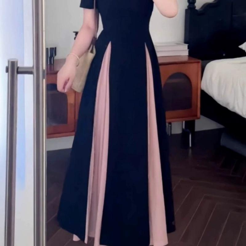 Large French Mesh Patchwork Chic Dress for Women In Summer, with A Fat and Waist Cinching Temperament, Small Black Dress