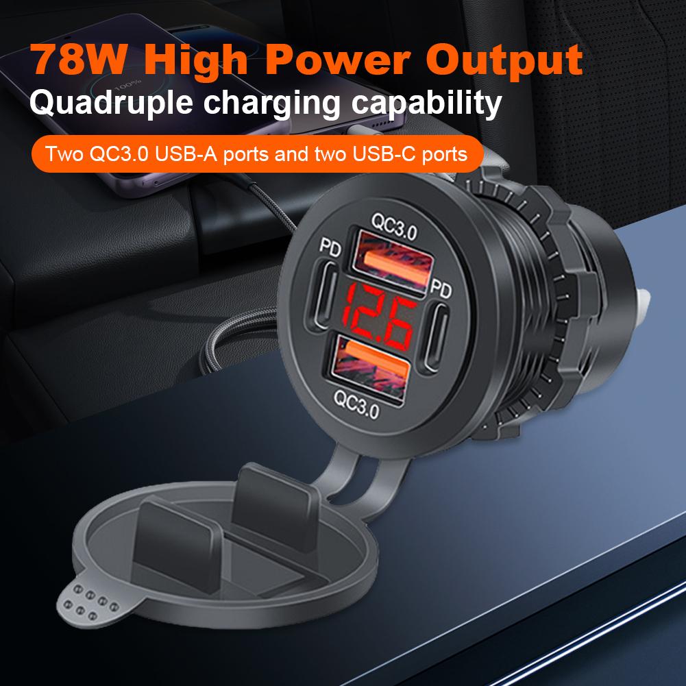 Dual PD Dual QC 3.0 USB Car Charger with Voltmeter Fast Charging Outlet 4 Ports USB A USB C Socket 78W for Phone Tablet