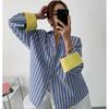 Spring Autumn Women's Fashion Color Blocking Striped Shirt Korean Style Loose Fit Slimming Medium-Length Base Shirt Casual