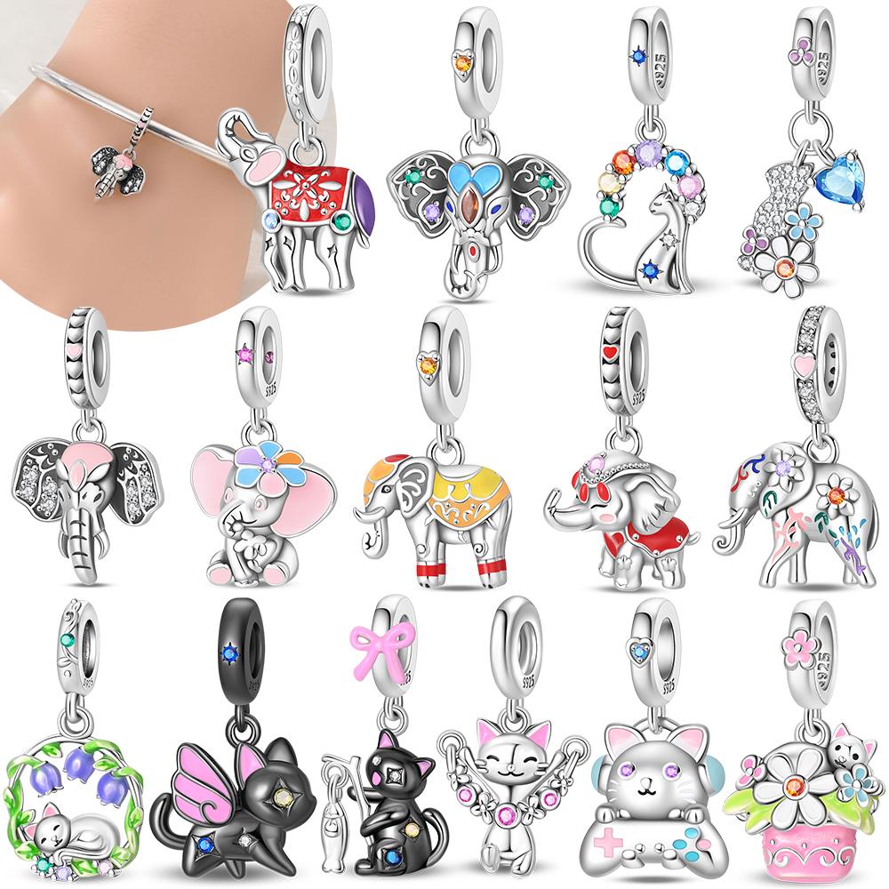 Charm Bead Charms Authentic Colored Zircon Cat Elephant Animal Pendant Authentic copper Bead Compatible With Bracelets Women Valentines Gift Accessory