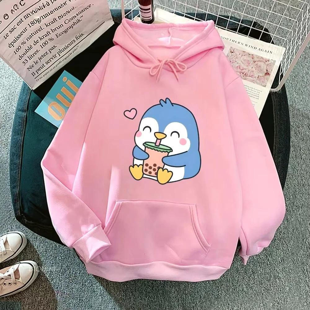 Bubble Boba Milk Tea Cartoon 2d Hoodies Women Penguin Graphic Printed Sweatshirts Clothes Kawaii Harajuku Hoodie Casual Clothing