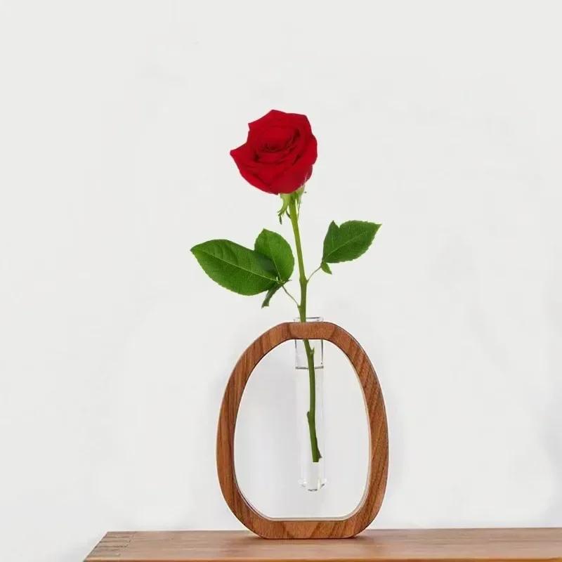 Walnut Solid Wood Flower Ware Creative Flower Arrangement Decoration Simple Glass Plant Flower Stand Mini Water-cultured Vase