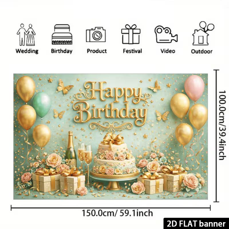 2D Gold Letter Happy Birthday Backdrop Banner Green Floral Party Background