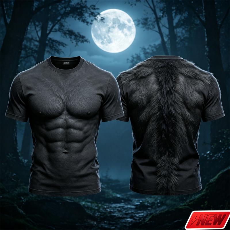 Men 3D Print Fake Wolf Abdominal Muscle Fur Pattern Women's T‑Shirt Fake Hairy Muscle Graphic Short Sleeve Tee Halloween Cosplay Tops
