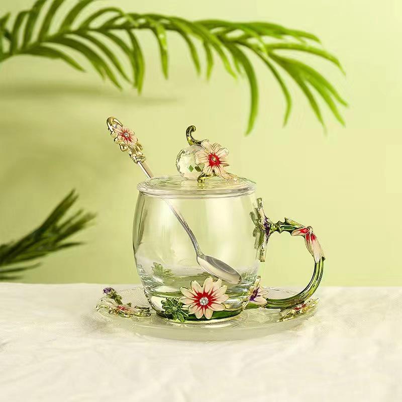Chrysanthemum Enamel Glass Tea Cup - Lead-Free Crystal Coffee Cup Gift