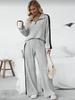 Women's Grey Ribbed Color Block Half-Zip Long Sleeve Top and Wide-Leg Pants Set