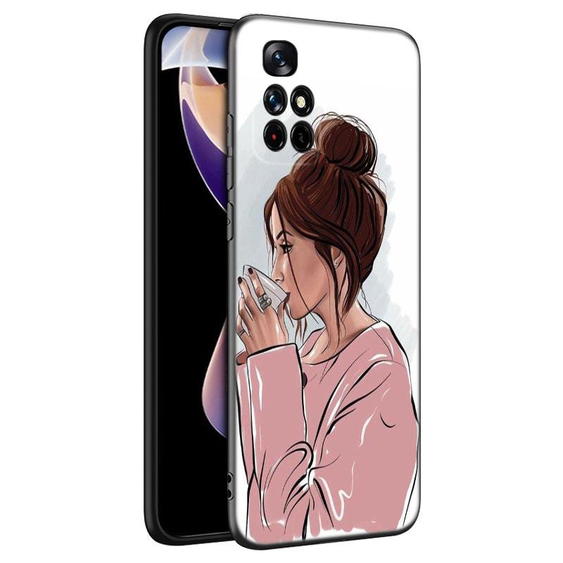 Girl Coffee Female Phone Case For Xiaomi Redmi Note 7 8 9 10 Lite 11 11E 11T 12 Pro 11S 4G 10T 5G 8T 9S 10S Soft TPU Black Cover