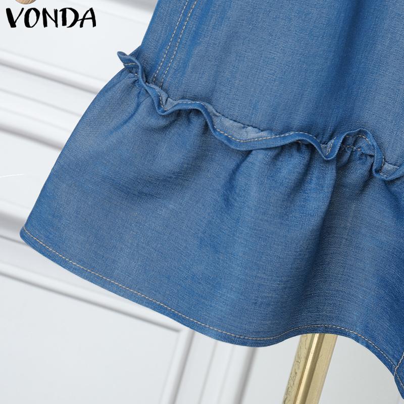 VONDA Summer Women Strap Sleeveless Solid Color Lotus Leaf Hem Casual Thin Mini Dress