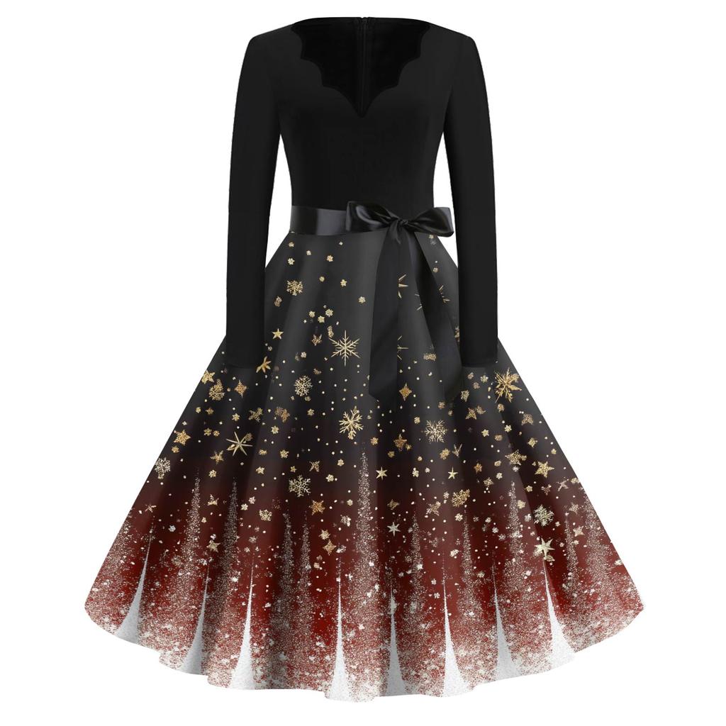 Vestido Feminino Moda Decote V Ajuste Relaxado Estampa de Natal Manga Longa