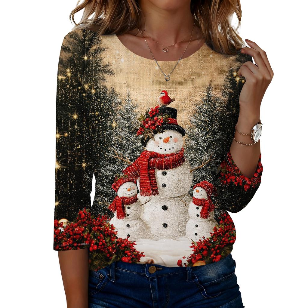 Women's Casual Christmas Print Three-Quarter Sleeve Neck Top