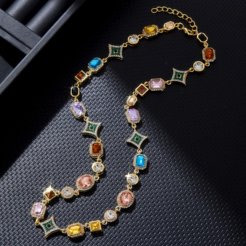 New Personalized Colorful Inlaid Zirconia Geometric Chain Necklace, Women's Fashion Trend Holiday Party  Accessories