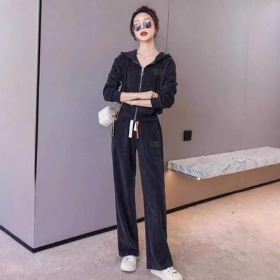 2 Pcs/Set Women Coat Pants Suit Hooded Zipper Closure Drawstring Long Sleeve