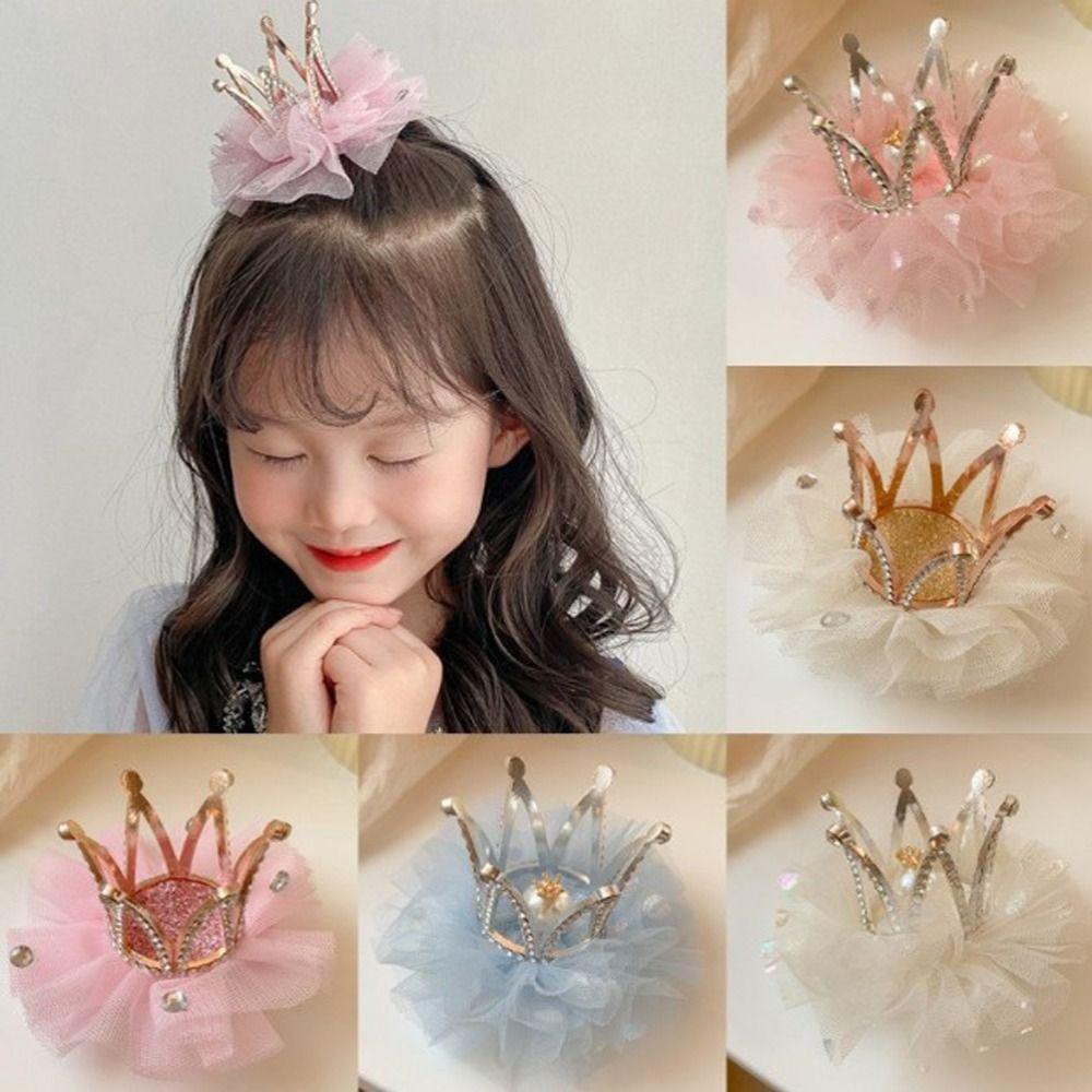 Lovable Cute Rhinestone Crown Tiara Gauze Zinc Zinc Alloy Hair Clip Headwear Girl Hairpin Hair Accessory