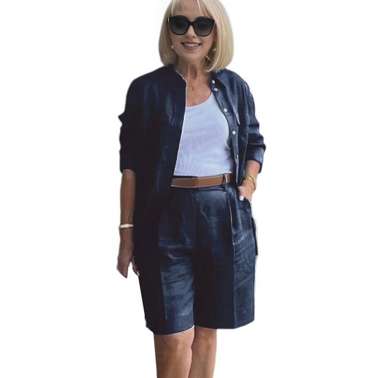 2 Pcs/Set Women Shirt Shorts Set Solid Color Long Sleeves Lapel Blouse