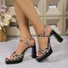 Summer New Square Head Thick Heel Sandals Ultra High Heels Fashionable Waterproof Platform Women's Shoes Leopard Print