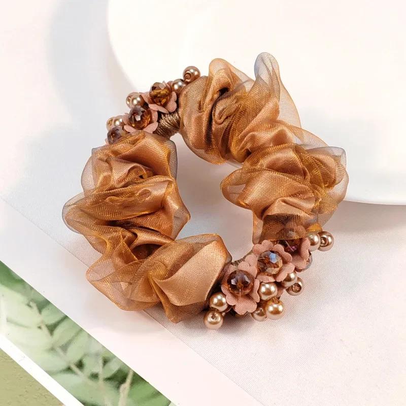 Doppelkopf-Perle Dickdarm Haargummi Neuer Meteor Organza Haarband Hochsteck-Ball Blume Kopfschmuck für Mütter Haargummi