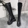 Mode 10CM Neue Damen Plateau Kniehohe Stiefel Winter Warme Plüsch Lange Stiefel Leder Motorradstiefel Schnürung Klobige Sneaker Hohe Absätze