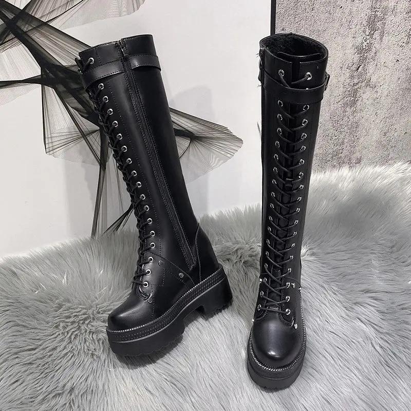 Mode 10CM Neue Damen Plateau Kniehohe Stiefel Winter Warme Plüsch Lange Stiefel Leder Motorradstiefel Schnürung Klobige Sneaker Hohe Absätze